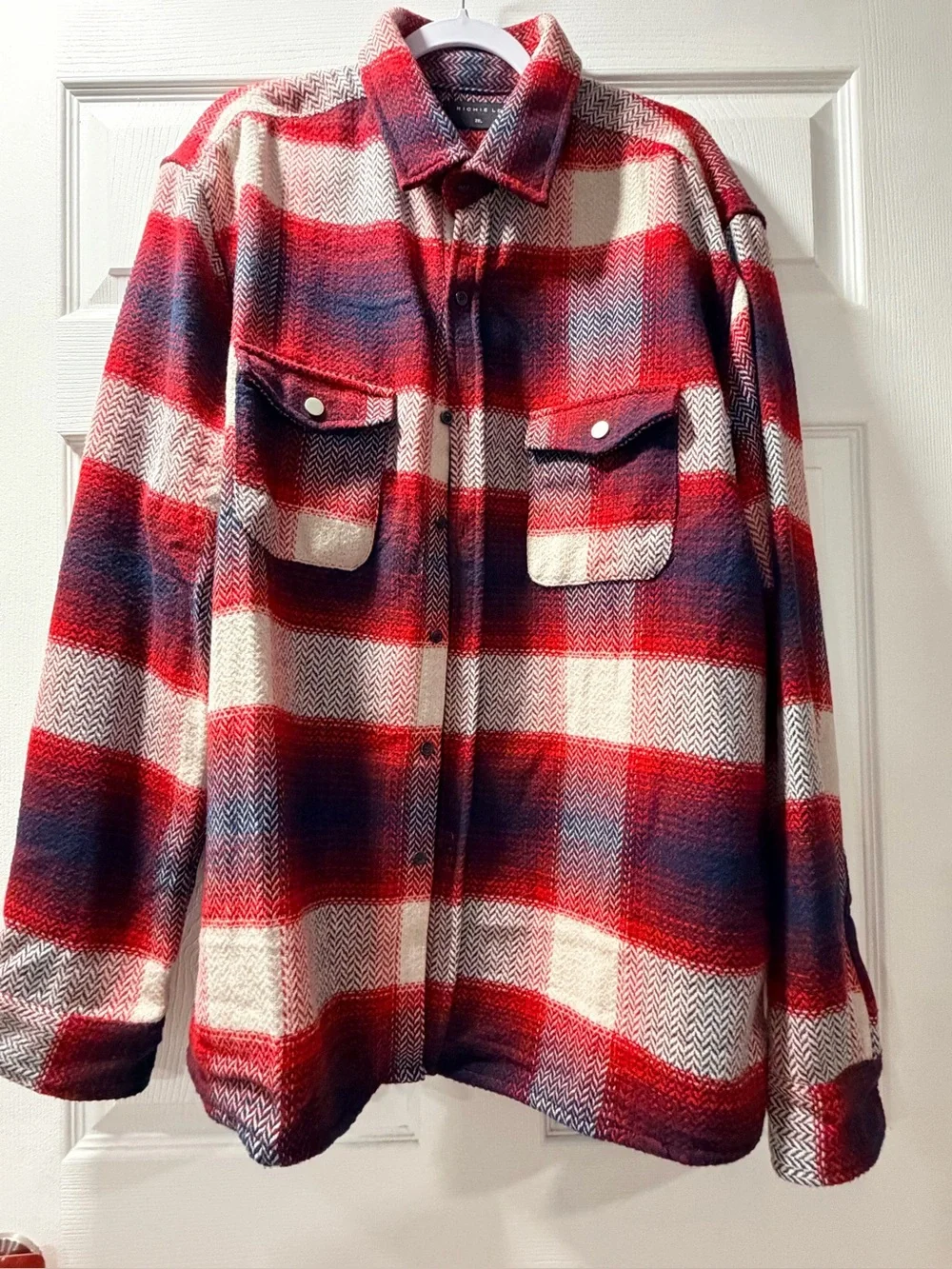 Richie Le Men’s Plaid Jacket Men's//  Red, Navy & Cream Lightweight Shirt Jacket